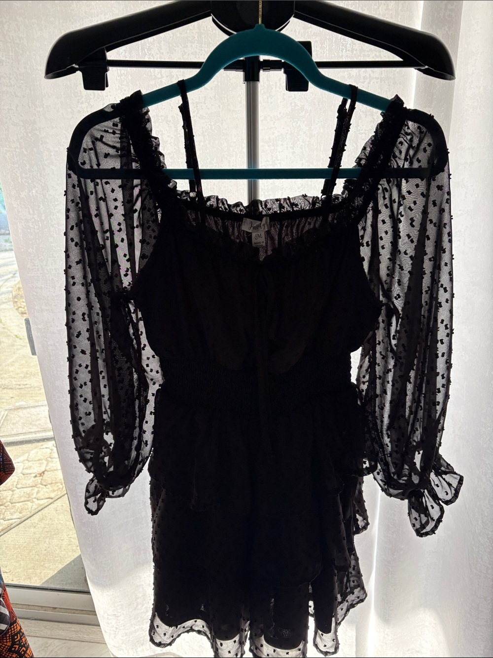 Justify Black Sheer Swiss Dot Ruffle mini dress